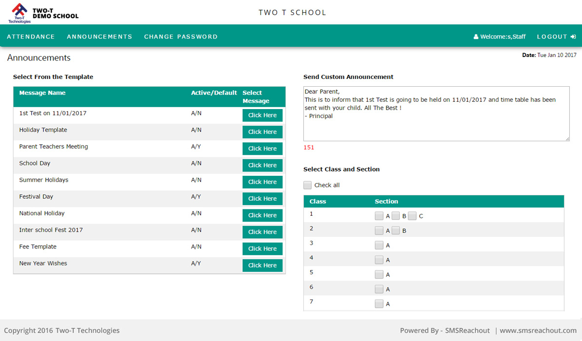 Announcements - to all / Particular Class / Section / Parent
SMS for School Announcements