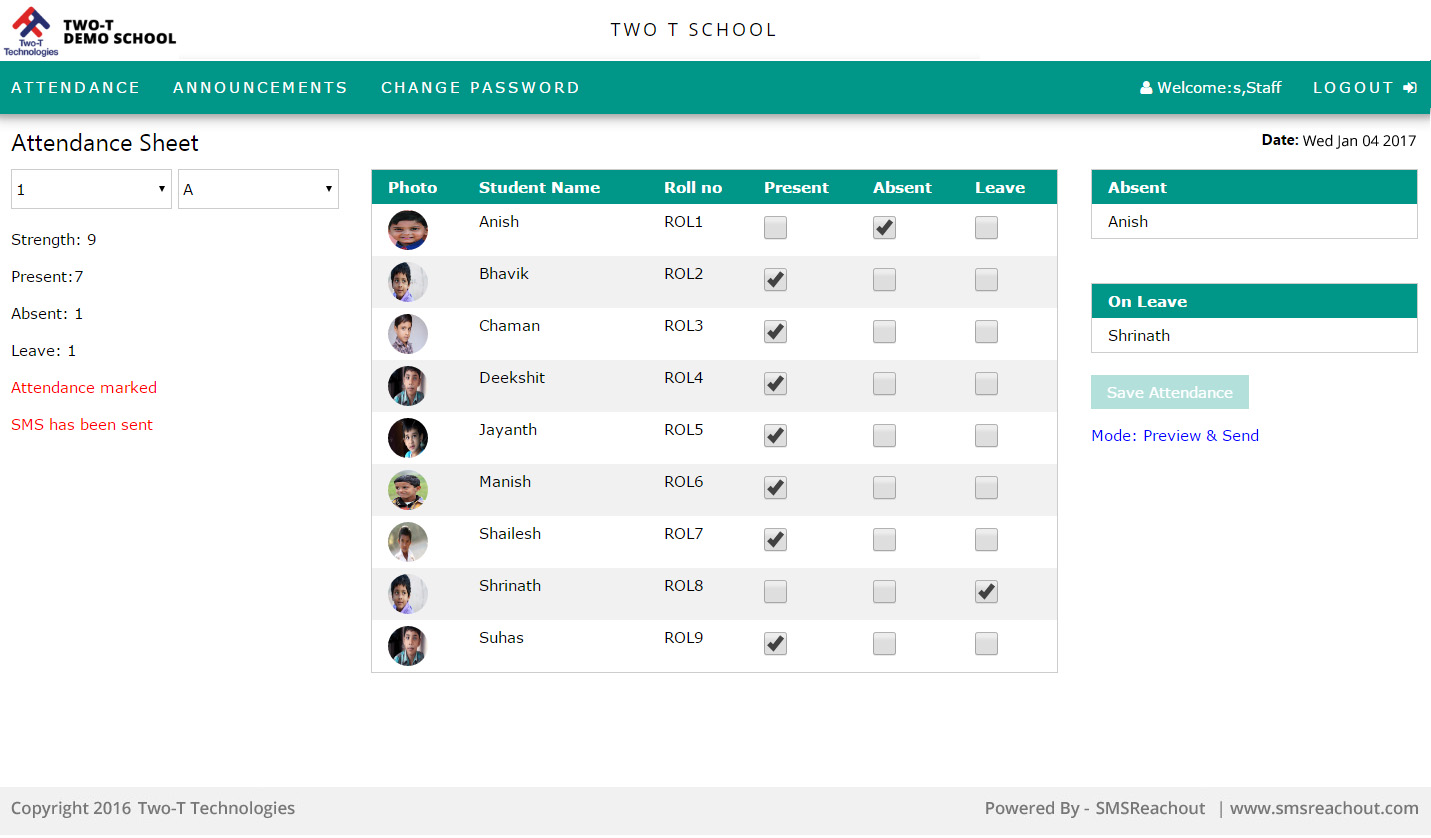 Marking Attendance & Sending SMS