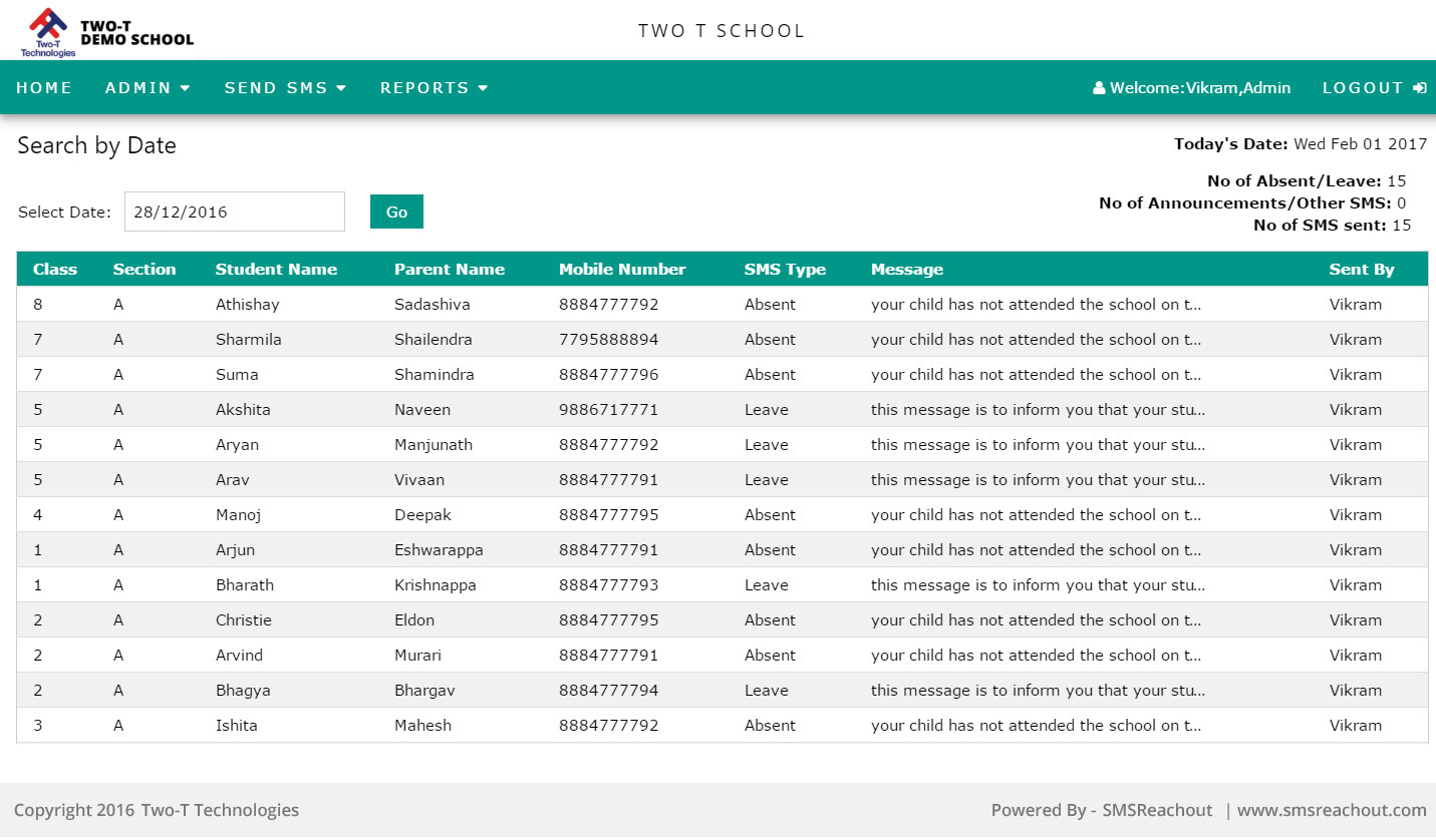 School SMS alerts sent reports